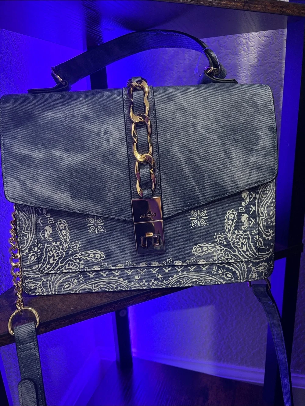 Aldo Navy Bandana-Print Top-Handle Satchel with Gold Chain Accent